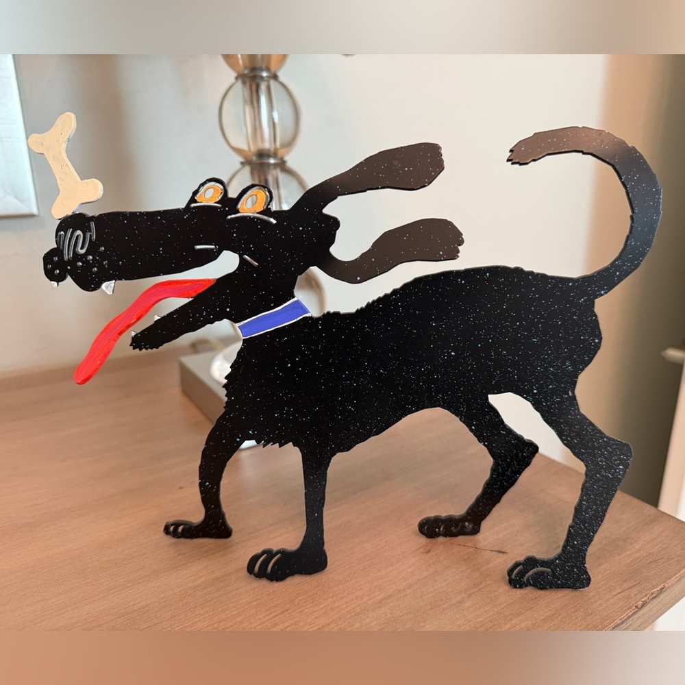 Black Dog with Bone Metal Art Sculpture